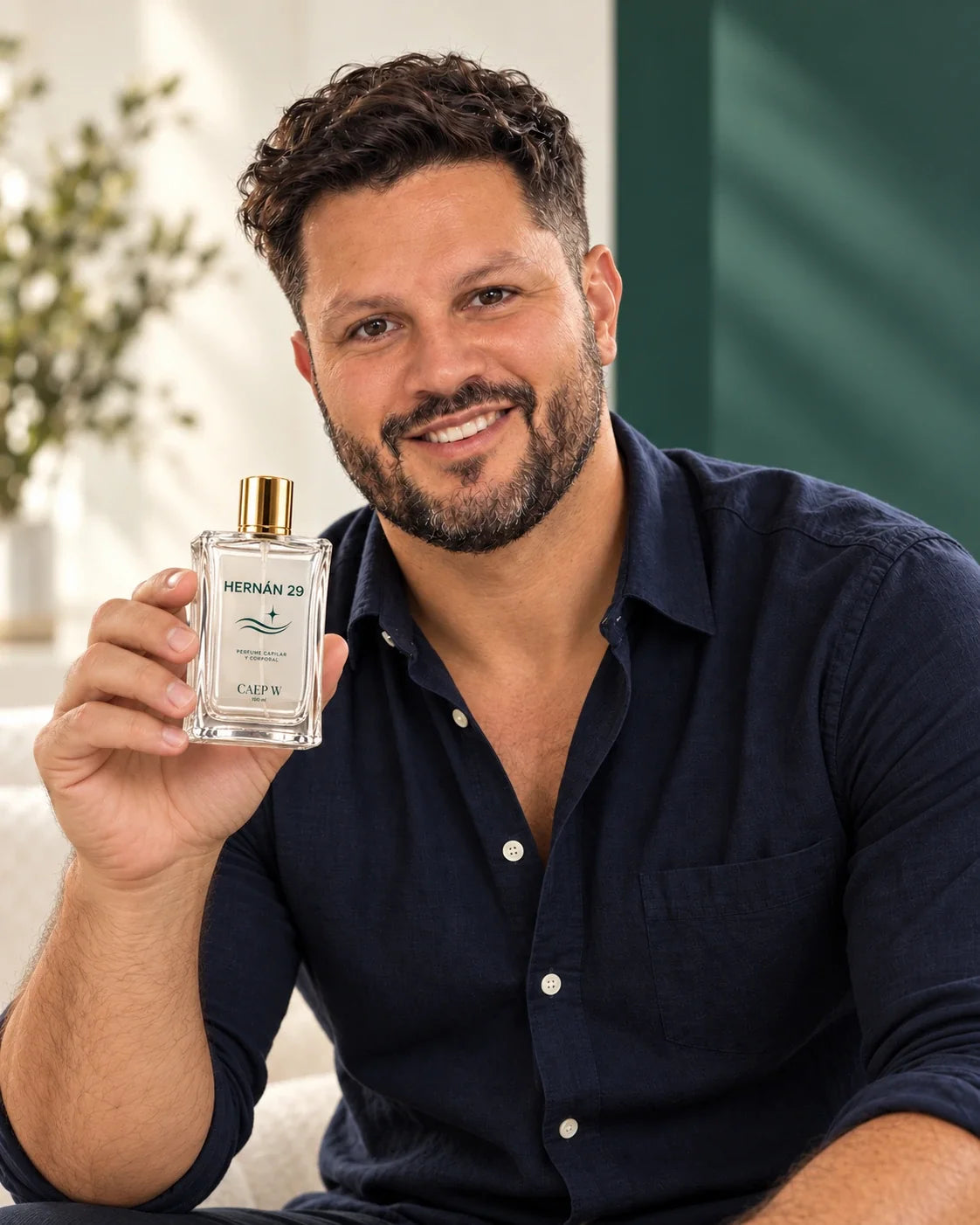 Modelo masculino sosteniendo el perfume Hernán 29 de CAEP W