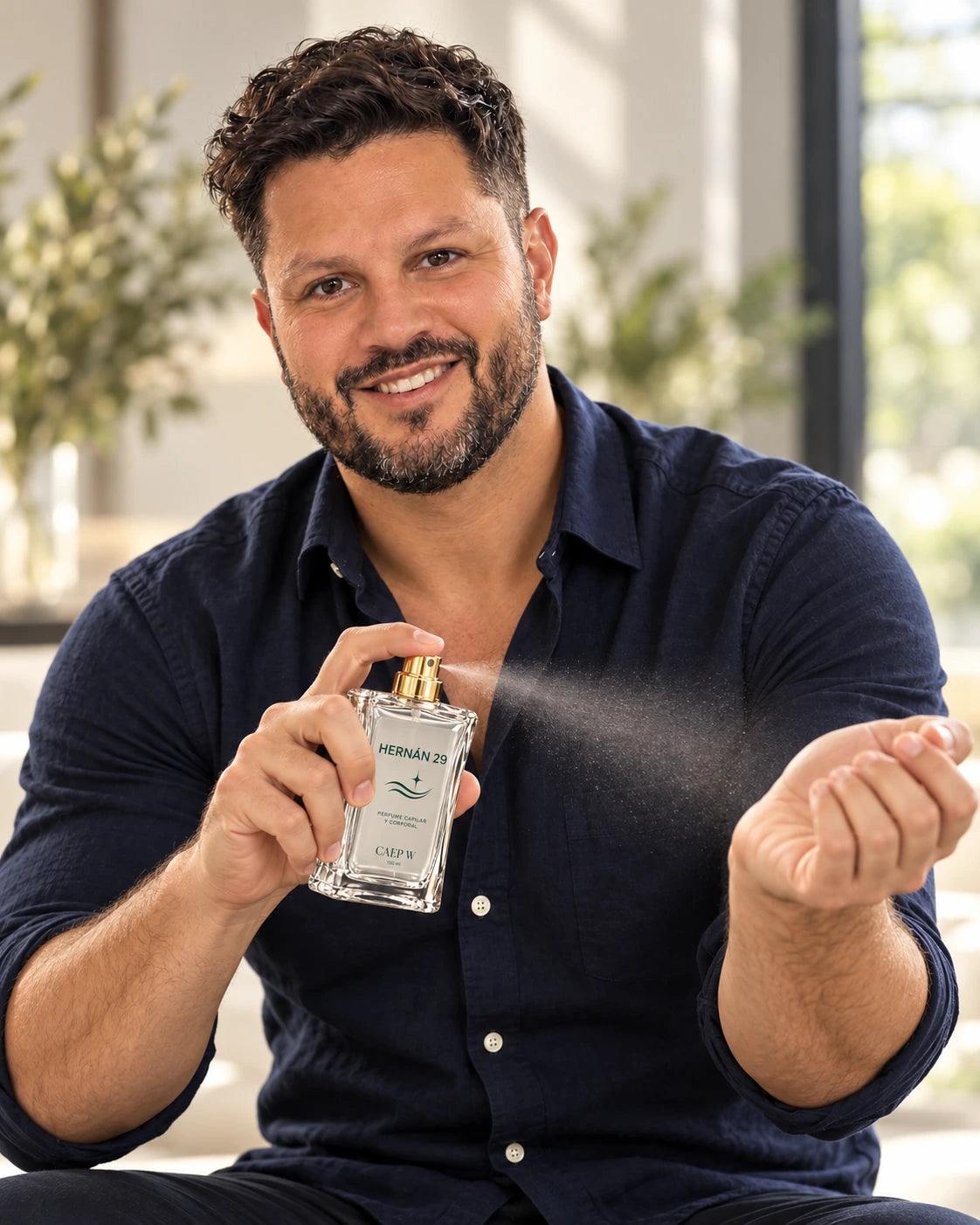 El modelo masculino aplicándose Hernán 29 en la muñeca