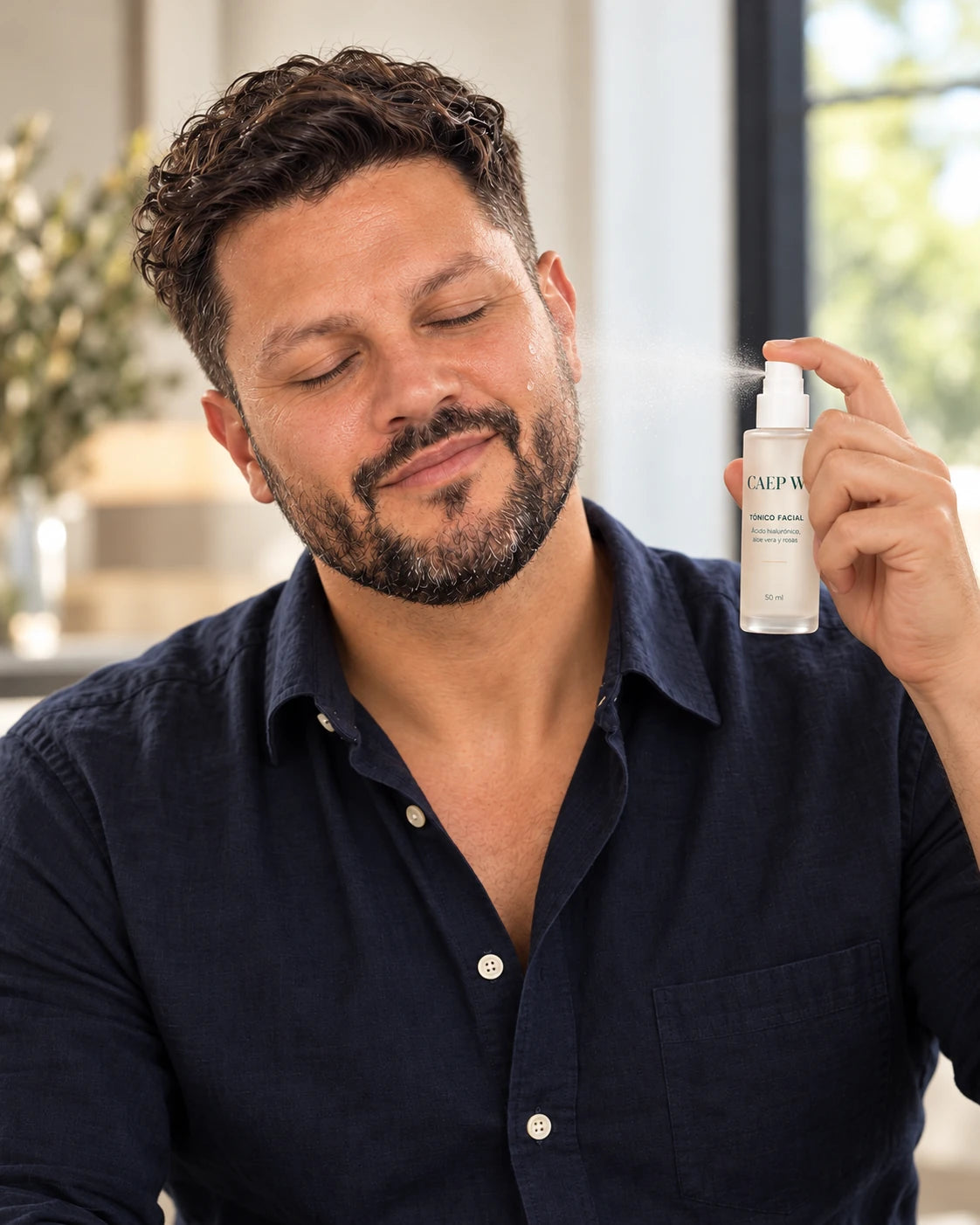 El modelo masculino aplicándose Tónico facial en el rostro